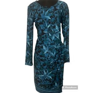 H Halston Teal Geometric Botanical Print Spandex-Jersey Wrap Dress. Size Large